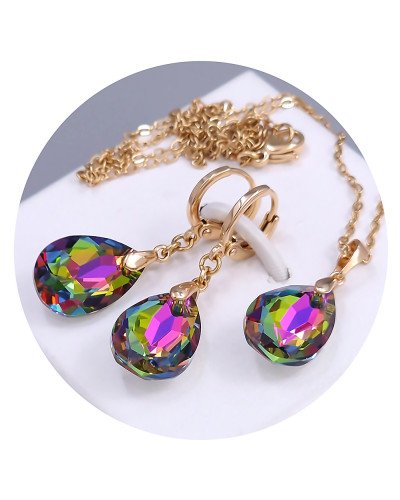 Набір ХР. Сережки та кулон на ланцюжку зі Swarovski кольору хамелеон. Мед. золото 18К Ланцюжок: 40-45 см. Сережки: 35 мм.