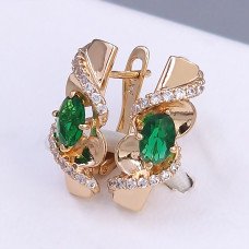 Сережки ХР. Позолота 18К. Камені: білий та зелений циркон. Довжина: 19 мм. Ширина: 7 мм.