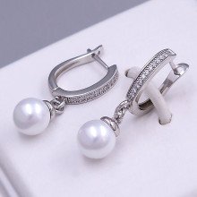 Сережки XР з перлами. Родій. Камені: білий циркон. Довжина: 30 мм Ширина: 8 мм