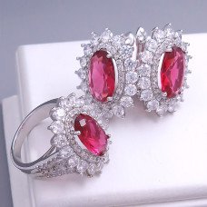 Набір. Сережки та каблучка. Мед. срібло. Камені білого та малинового кольору. Сережки: 24/20 мм Є: 17р 18р 19р 17