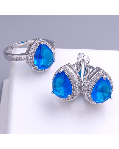 Набір. Сережки та каблучка. Мед. срібло. Камені білого та синього кольору. Сережки: 17/13 мм Є: 17р 19р